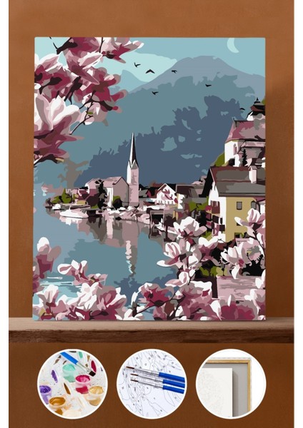 Sayılarla Boyama Seti Çerçeveli Kasnaklı Göl Kenarında Manolya 50X65 cm