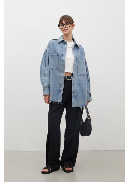 Oversıze Denim Gömlek Ceket Mavi