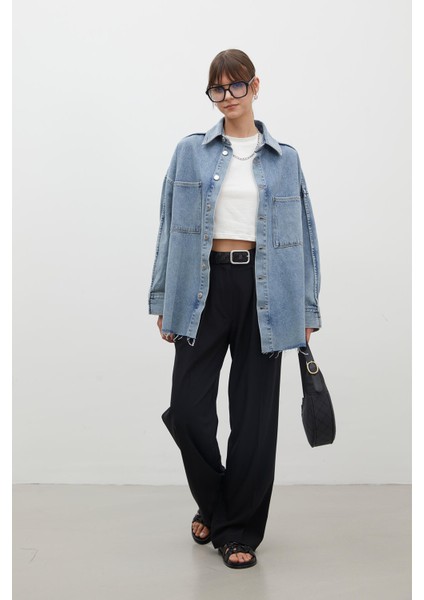 Oversıze Denim Gömlek Ceket Mavi