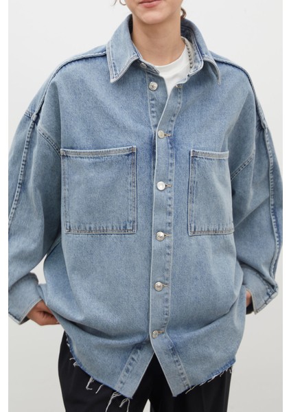 Oversıze Denim Gömlek Ceket Mavi