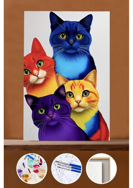 Sayılarla Boyama Seti Çerçeveli Kasnaklı Dört Renkli Kediler 50X65 cm