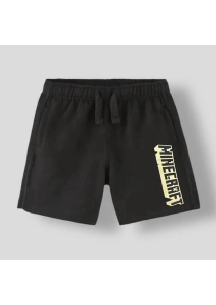 Erkek Çocuk Pamuklu Şort Minecraft Baskılı Siyah Renk