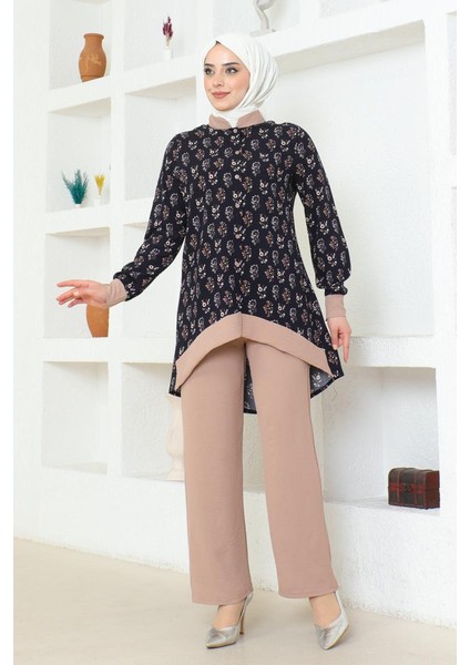 Etnik Desenli Tesettür Takım BRC1313 Latte