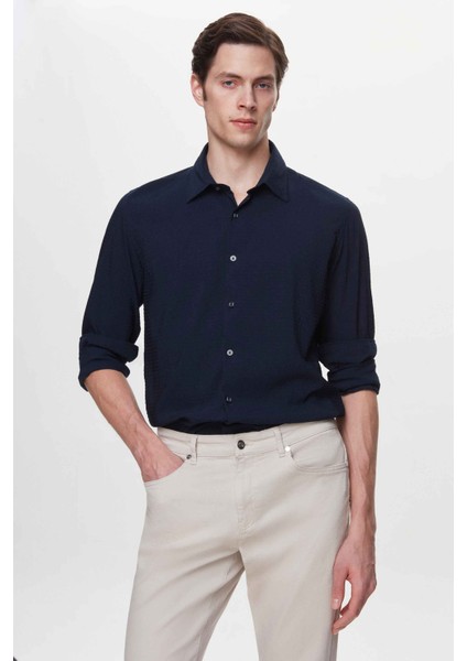 Slim Fit Lacivert Gofre Easy Iron Gömlek 2EC02XT04282M