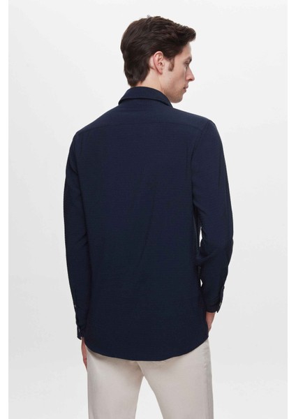 Slim Fit Lacivert Gofre Easy Iron Gömlek 2EC02XT04282M fırsatları