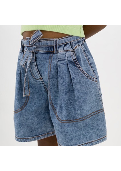 Kız Çocuk Pilise Detaylı Denim Şort