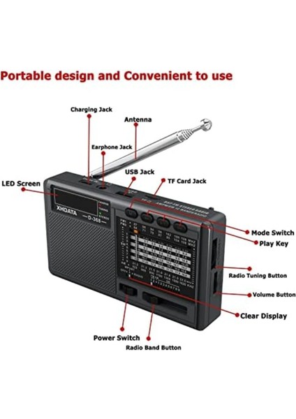 D368 Kısa Dalga Am Fm 12 Bant Dsp Stereo Taşınabilir Radyo Mp3 Çalar Şarj Edilebilir