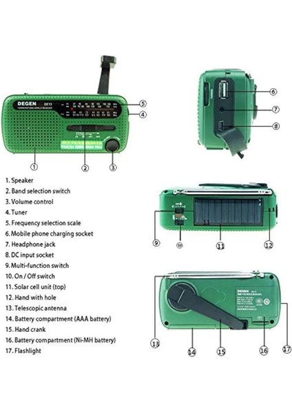 DE13 Crank Güneş Radyosu - Degen DE13 Fm Sw Alıcı Krank Dinamo Radyo Cep Telefonu Şarj Aleti