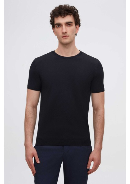 Slim Fit Lacivert Rayon Triko T-Shirt 2EF069421003M