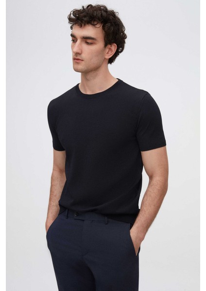 Slim Fit Lacivert Rayon Triko T-Shirt 2EF069421003M