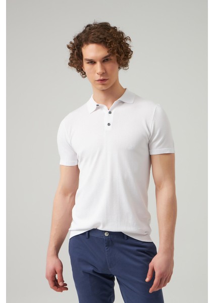 Slim Fit Beyaz Düz Örgü T-Shirt 2HF069421001M