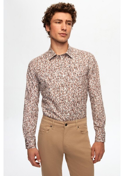 Slim Fit Kahverengi Baskılı Gömlek 2EC0221062590