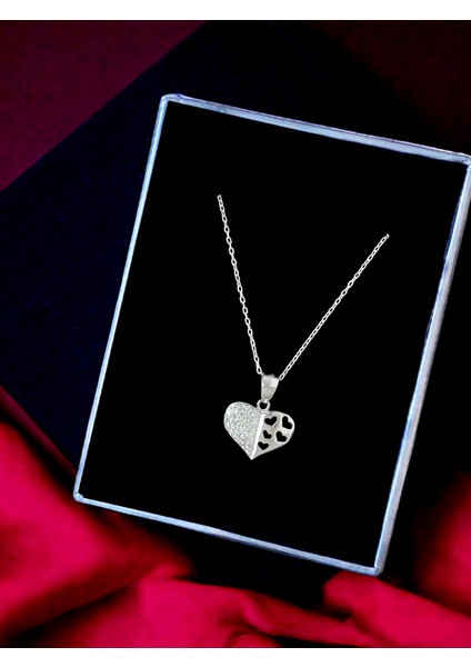 Alâ Silver Jewellery Kalp Beyaz Taşlı Parlak Tasarım 925 Ayar Gümüş Kolye
