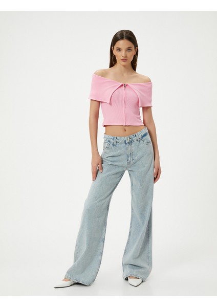 Omzu Açık Tişört Fermuarlı Kısa Kollu Fitilli Kat Detaylı Viskoz Kumaş