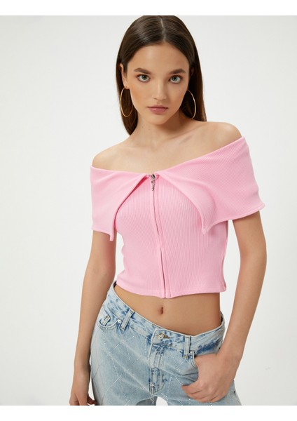 Omzu Açık Tişört Fermuarlı Kısa Kollu Fitilli Kat Detaylı Viskoz Kumaş fiyatları