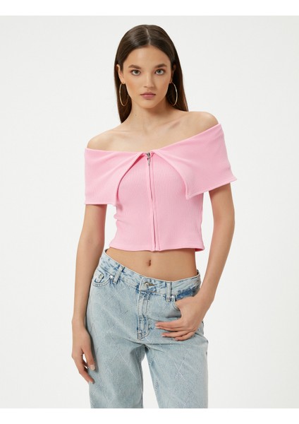 Omzu Açık Tişört Fermuarlı Kısa Kollu Fitilli Kat Detaylı Viskoz Kumaş modelleri