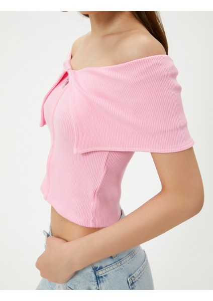 Omzu Açık Tişört Fermuarlı Kısa Kollu Fitilli Kat Detaylı Viskoz Kumaş indirimleri