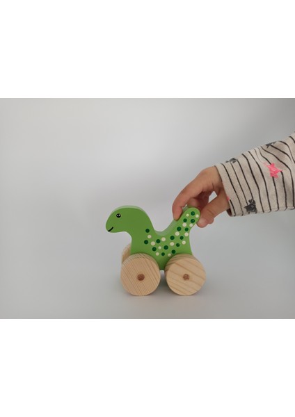 Ahşap Oyuncak Dinozor Tekerlekli Araba