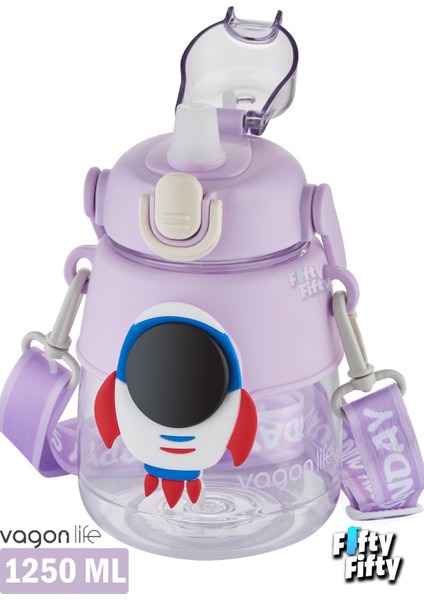 Silikon Pipetli 1250 ml Büyük Boy Askılı ve Kulplu Su Matarası Çıkartma