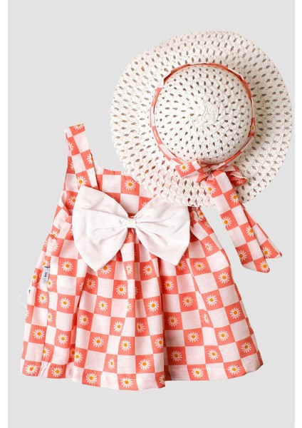 Papatya Desenli Şapkalı Fiyonklu Kız Bebek Elbisesi