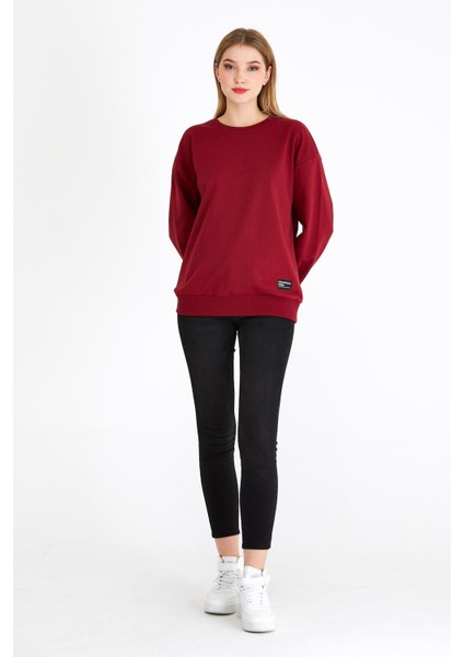 Kadın Bordo Basic Bisiklet Yaka Regular Fit Rahat Sweatshirt fırsatları