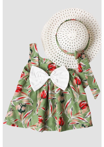 Şapkalı Fiyonklu Kız Bebek Elbisesi