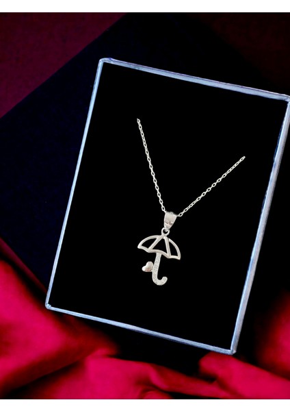 Alâ Silver Jewellery Şemsiye Kalp Detaylı Beyaz Taşlı Tasarım 925 Ayar Gümüş Kolye