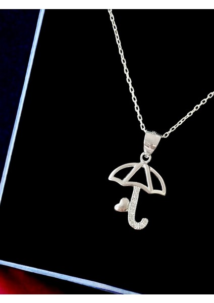 Alâ Silver Jewellery Şemsiye Kalp Detaylı Beyaz Taşlı Tasarım 925 Ayar Gümüş Kolye