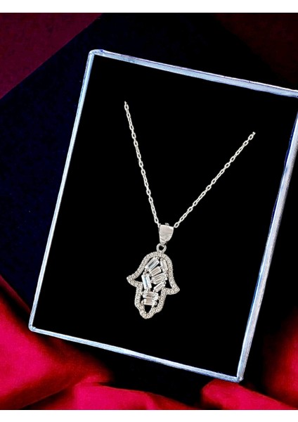 Alâ Silver Jewellery Fatma Ana Eli Beyaz Taşlı Tasarım 925 Ayar Gümüş Kolye