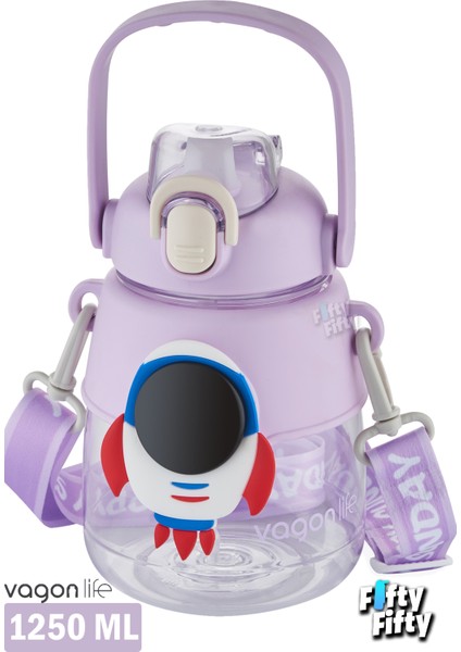 Silikon Pipetli 1250 ml Büyük Boy Askılı ve Kulplu Su Matarası Çıkartma
