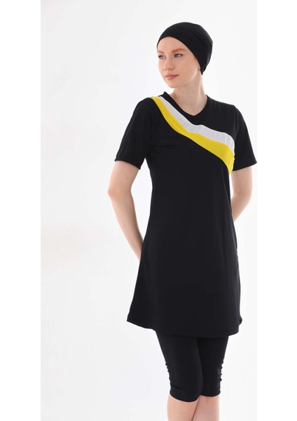 Gizil - Yarı Kapalı Likralı Sarı Beyaz Garnili Tesettür Mayo fiyatları