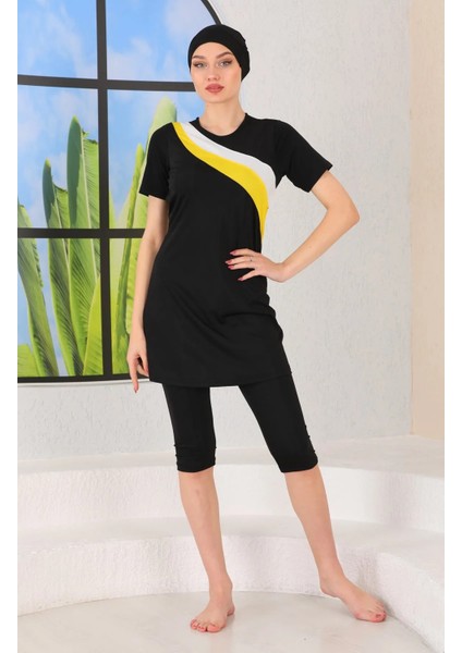 Gizil - Yarı Kapalı Likralı Sarı Beyaz Garnili Tesettür Mayo modelleri