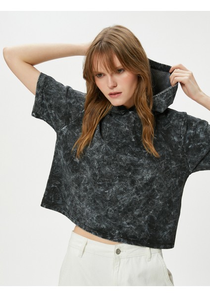 Kapşonlu Sweatshirt Kısa Kollu Soluk Efektli