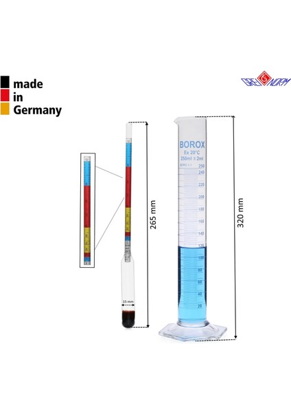 Alkolmetre Renkli + 250ML Cam Mezür - Yüksek Kaliteli - 1 Set/Paket