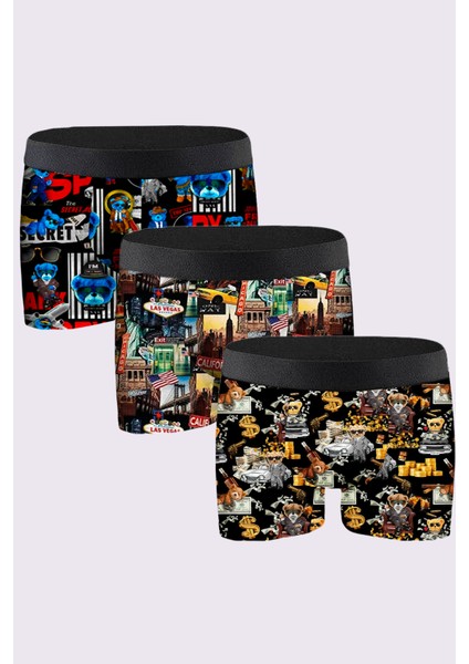 3'lü Erkek Desenli Boxer Paketleri %95 Pamuk Premium Collection - Çok Renkli