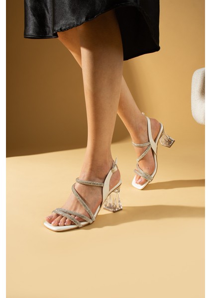 Taş Detaylı Kare Burun Tokalı Şeffaf Topuklu Kadın Ayakkabı 018-714-24SATEN fiyatları