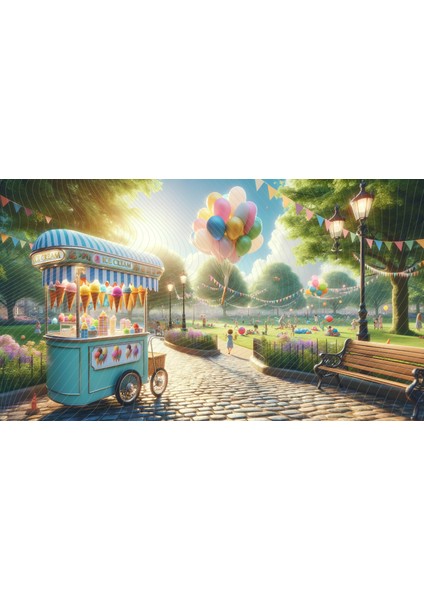 Eğlenceli Dondurma Arabası ve Park Manzarası Arkaplan - 200X150CM Fon Duvar Örtüsü