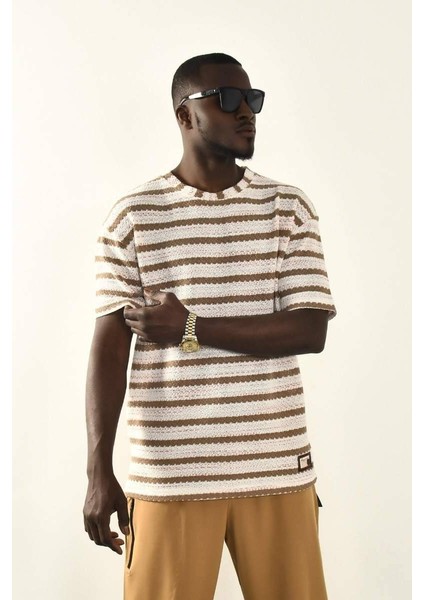 Kahve Çizgili Oversize T-Shirt