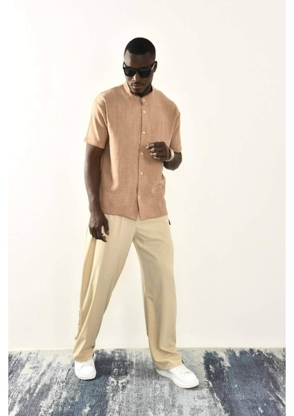 Kahve Düğmeli Basic Keten Gömlek fırsatları