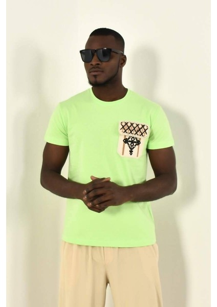 Yeşil Örgülü Cep Detay Bisiklet Yaka T-Shirt modelleri