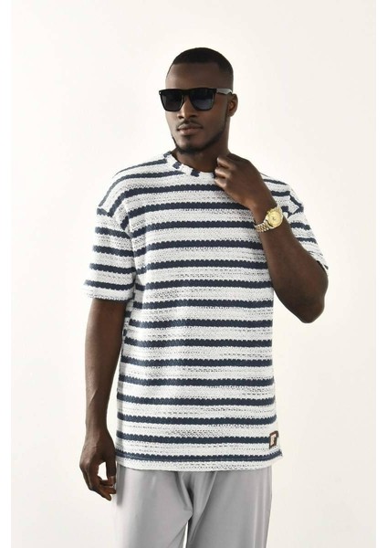 Indigo Çizgili Oversize T-Shirt