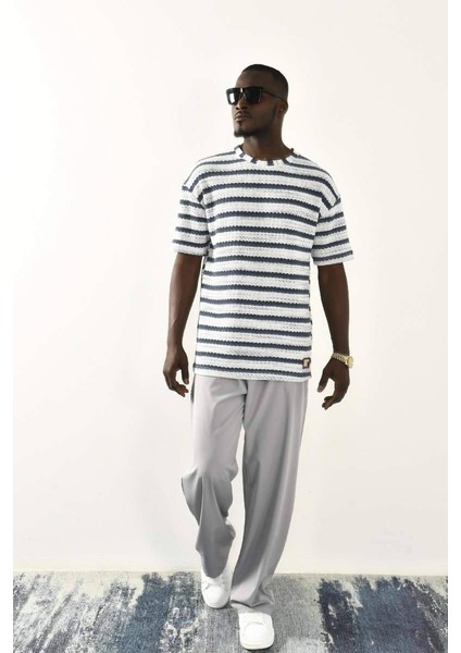 Indigo Çizgili Oversize T-Shirt modelleri