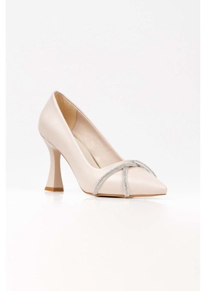 Siya Önü Kapalı Taş Detaylı Kadın Topuklu Ayakkabı - Krem - 38 fiyatları