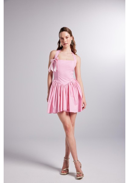 Boyundan Askılı Çıkarılabilir Kurdeleli Mini Teresa Elbise Pembe modelleri