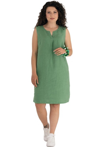 V Yaka Keten Elbise Yeşil