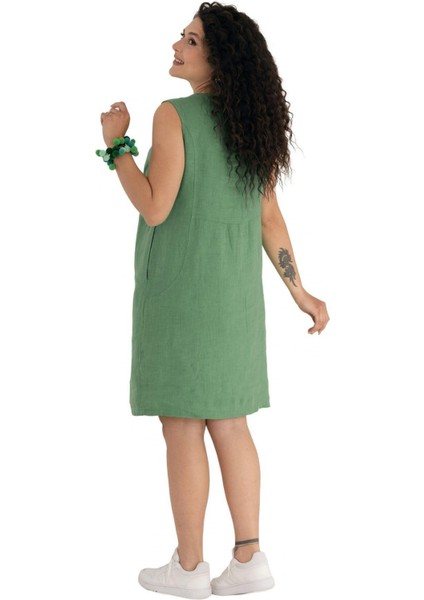 V Yaka Keten Elbise Yeşil modelleri