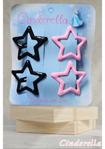 4'lü Parlak Siyah & Pembe Yıldız Çıt Çıt Toka Seti - Renkli Yıldızlı Çıtçıt Toka - Yıldız Çıtçıtlı Toka