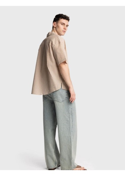 Apas Yaka Tekcepli Çift Çizgili Gofre Oversize Erkek Gömlek