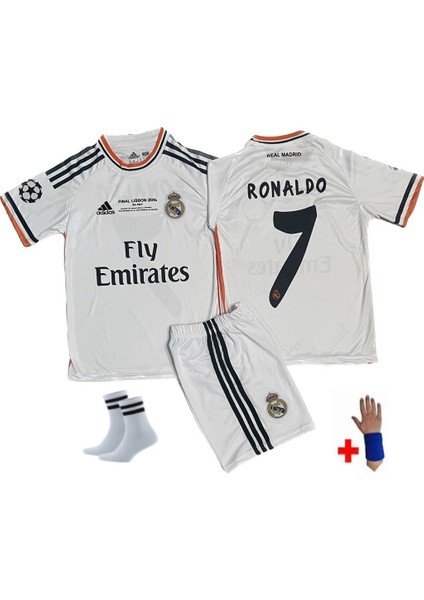 Real Madrid Ronaldo 2014 Lisbon Beyaz Çocuk Futbol Forması 4'lü Set Retro Forma