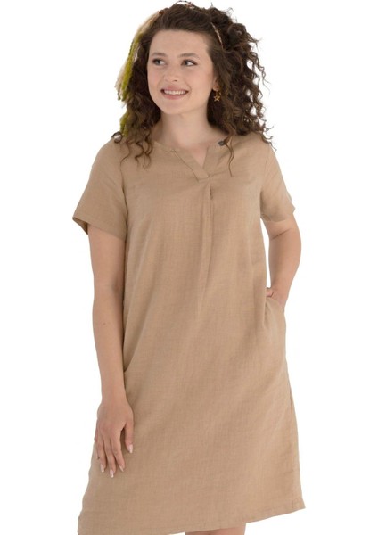 V Yaka Keten Elbise Bej fiyatları